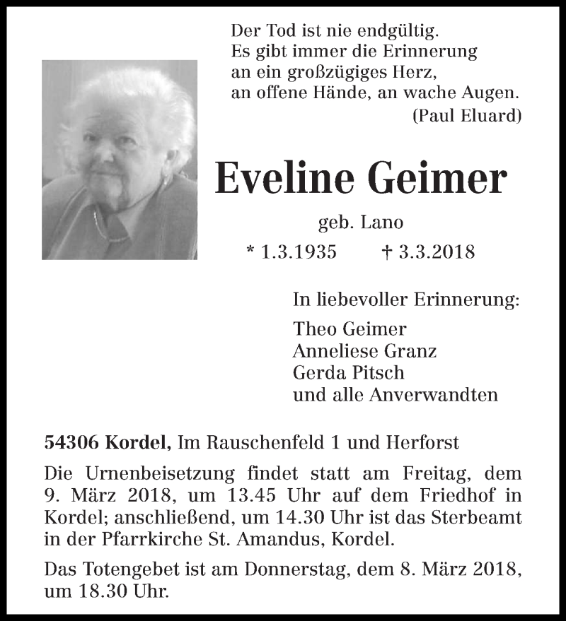 Traueranzeigen von Eveline Geimer | Volksfreund.Trauer.de