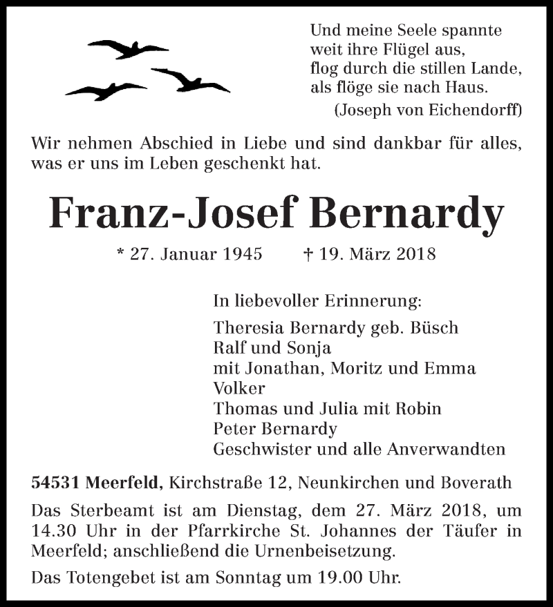  Traueranzeige für Franz-Josef Bernardy vom 24.03.2018 aus trierischer_volksfreund