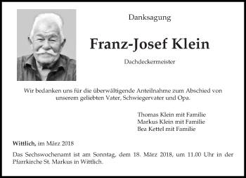 Traueranzeige von Franz-Josef Klein von trierischer_volksfreund