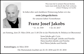 Traueranzeige von Franz Josef Jakobs von trierischer_volksfreund