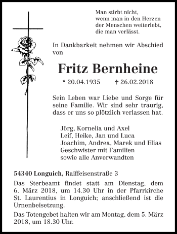 Traueranzeige von Fritz Bernheine von trierischer_volksfreund