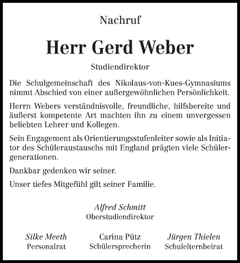 Traueranzeige von Gerd Weber von trierischer_volksfreund