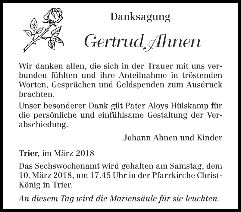  Traueranzeige für Gertrud Ahnen vom 07.03.2018 aus trierischer_volksfreund