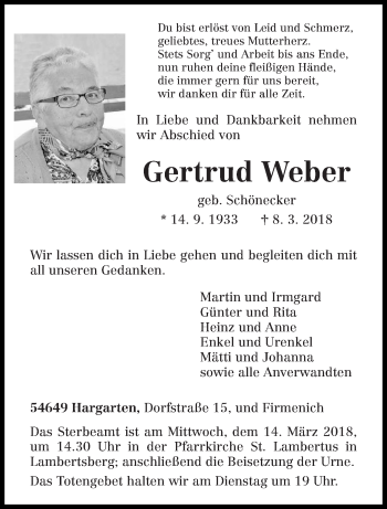 Traueranzeige von Gertrud Weber von trierischer_volksfreund