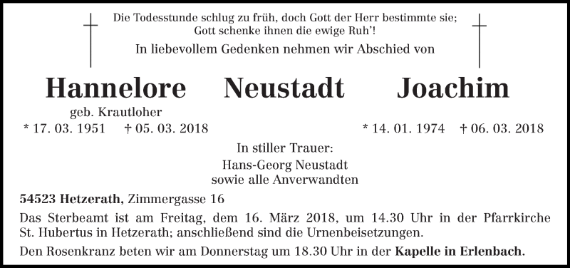  Traueranzeige für Hannelore und Joachim Neustadt vom 13.03.2018 aus trierischer_volksfreund