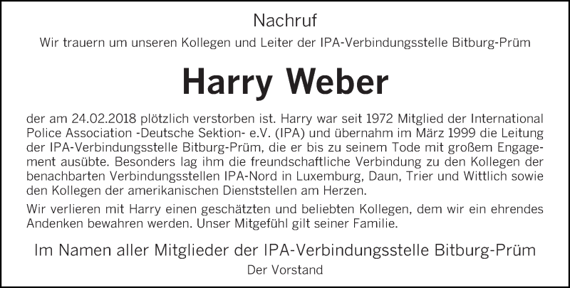  Traueranzeige für Harry Weber vom 02.03.2018 aus trierischer_volksfreund