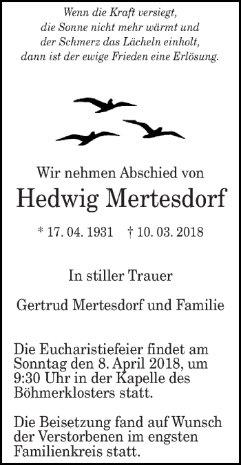 Traueranzeige von Hedwig Mertesdorf von trierischer_volksfreund