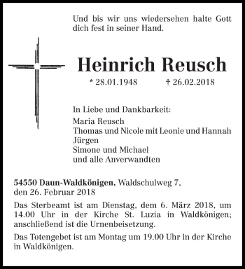 Traueranzeige von Heinrich Reusch von trierischer_volksfreund
