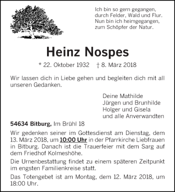 Traueranzeige von Heinz Nospes von trierischer_volksfreund