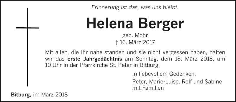  Traueranzeige für Helena Berger vom 10.03.2018 aus trierischer_volksfreund
