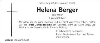 Traueranzeige von Helena Berger von trierischer_volksfreund