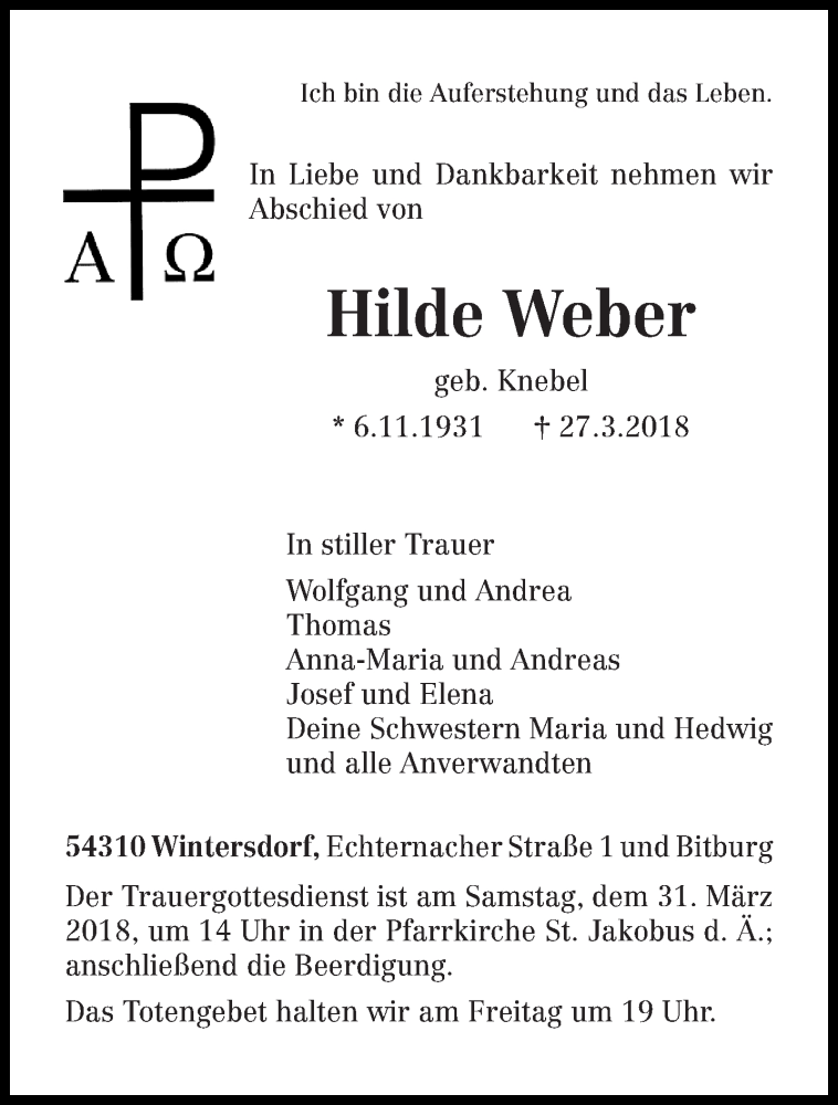  Traueranzeige für Hilde Weber vom 29.03.2018 aus trierischer_volksfreund
