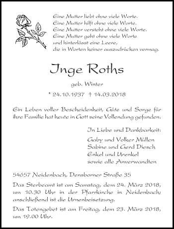 Traueranzeige von Inge Roths von trierischer_volksfreund