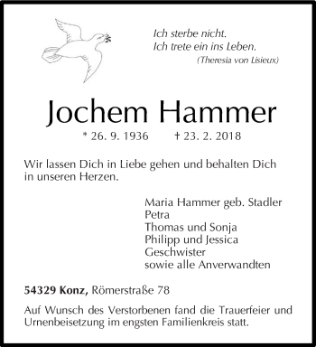 Traueranzeige von Jochem Hammer von trierischer_volksfreund