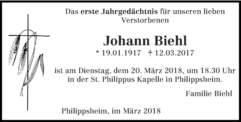  Traueranzeige für Johann Biehl vom 10.03.2018 aus trierischer_volksfreund