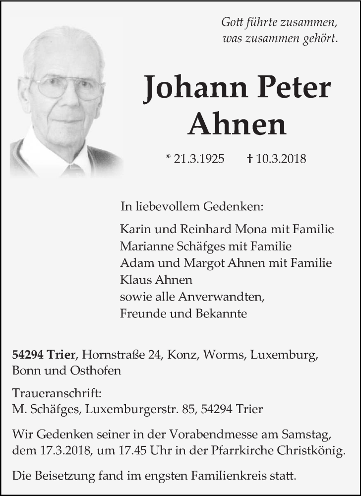  Traueranzeige für Johann Peter Ahnen vom 14.03.2018 aus trierischer_volksfreund