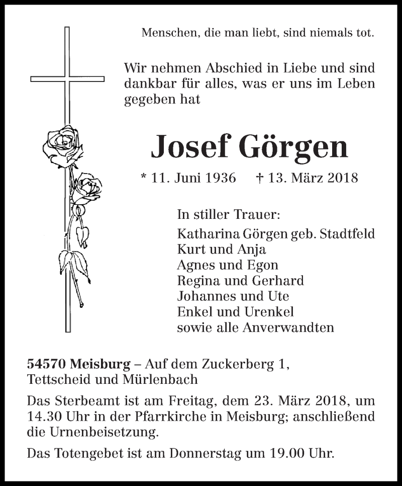  Traueranzeige für Josef Görgen vom 19.03.2018 aus trierischer_volksfreund