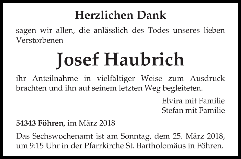  Traueranzeige für Josef Haubrich vom 21.03.2018 aus trierischer_volksfreund