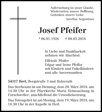 Traueranzeige von Josef Pfeifer von trierischer_volksfreund