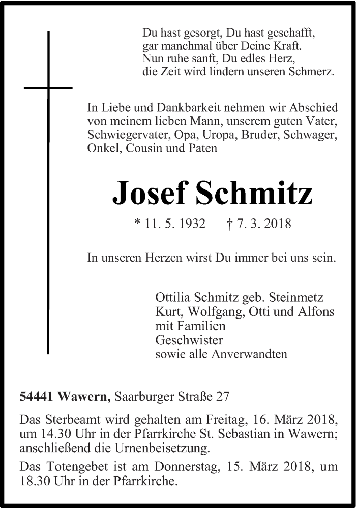 Traueranzeige für Josef Schmitz vom 13.03.2018 aus trierischer_volksfreund