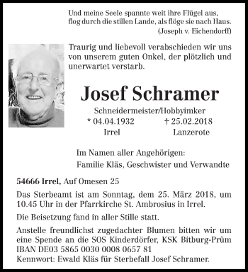 Traueranzeige von Josef Schramer von trierischer_volksfreund