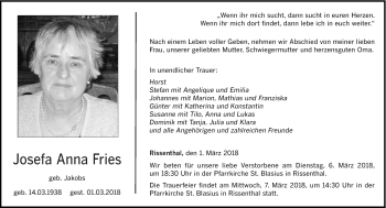 Traueranzeige von Josefa Anna Fries von trierischer_volksfreund