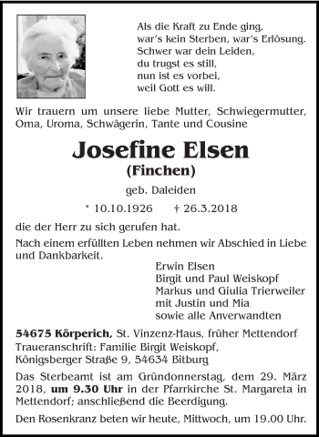 Traueranzeige von Josefine Elsen von trierischer_volksfreund