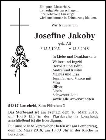 Traueranzeige von Josefine Jakoby von trierischer_volksfreund