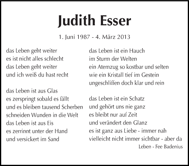  Traueranzeige für Judith Esser vom 03.03.2018 aus trierischer_volksfreund