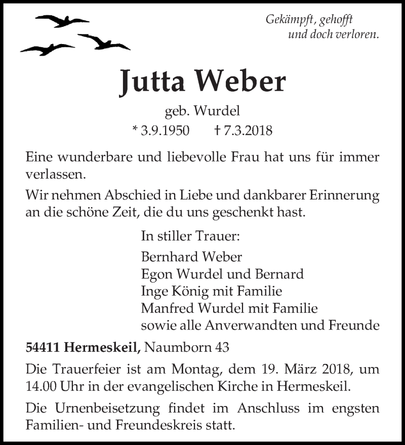  Traueranzeige für Jutta Weber vom 12.03.2018 aus trierischer_volksfreund