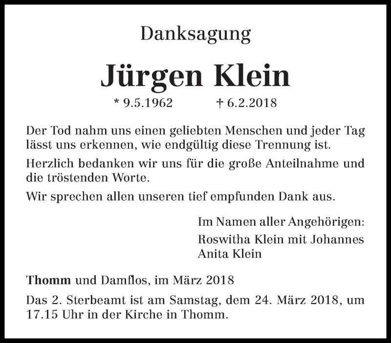  Traueranzeige für Jürgen Klein vom 21.03.2018 aus trierischer_volksfreund