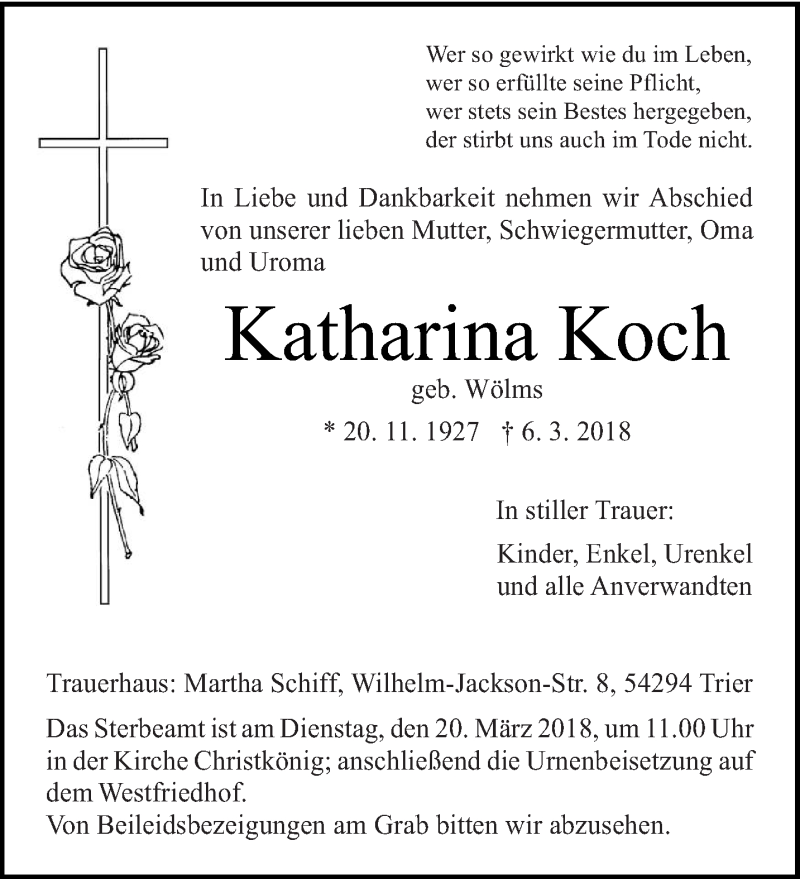  Traueranzeige für Katharina Koch vom 13.03.2018 aus trierischer_volksfreund