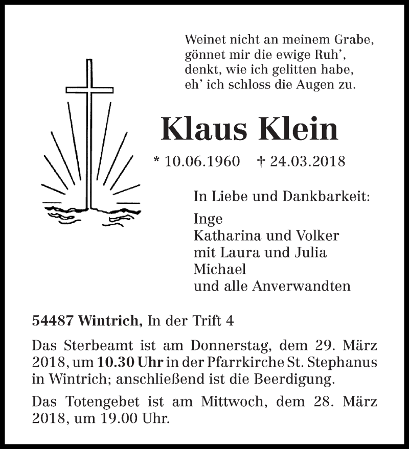  Traueranzeige für Klaus Klein vom 27.03.2018 aus trierischer_volksfreund