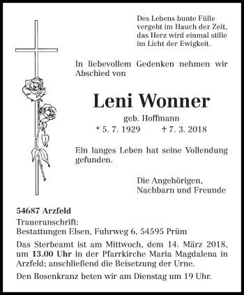 Traueranzeige von Leni Wonner von trierischer_volksfreund