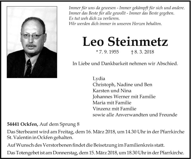  Traueranzeige für Leo Steinmetz vom 13.03.2018 aus trierischer_volksfreund