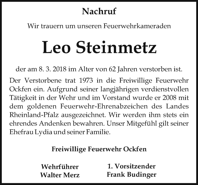  Traueranzeige für Leo Steinmetz vom 13.03.2018 aus trierischer_volksfreund
