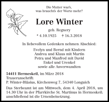 Traueranzeige von Lore Winter von trierischer_volksfreund