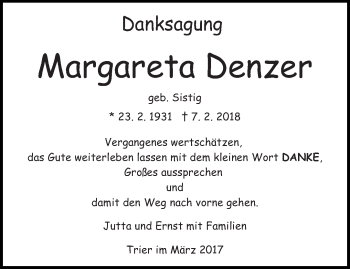 Traueranzeige von Margareta Denzer von trierischer_volksfreund