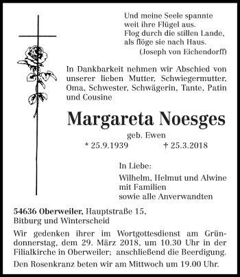 Traueranzeige von Margareta Noesges von trierischer_volksfreund