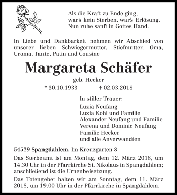 Traueranzeige von Margareta Schäfer von trierischer_volksfreund