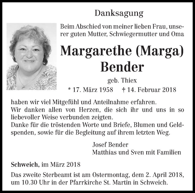  Traueranzeige für Margarethe Bender vom 29.03.2018 aus trierischer_volksfreund