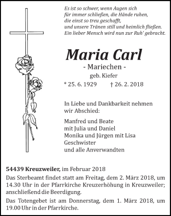 Traueranzeige von Maria Carl von trierischer_volksfreund