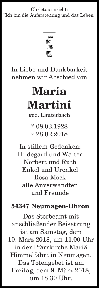  Traueranzeige für Maria Martini vom 07.03.2018 aus trierischer_volksfreund