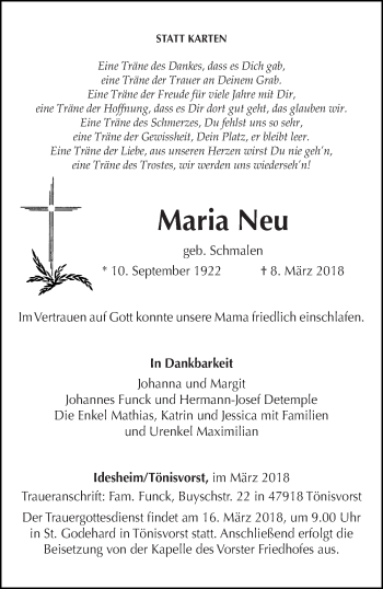 Traueranzeige von Maria Neu von trierischer_volksfreund