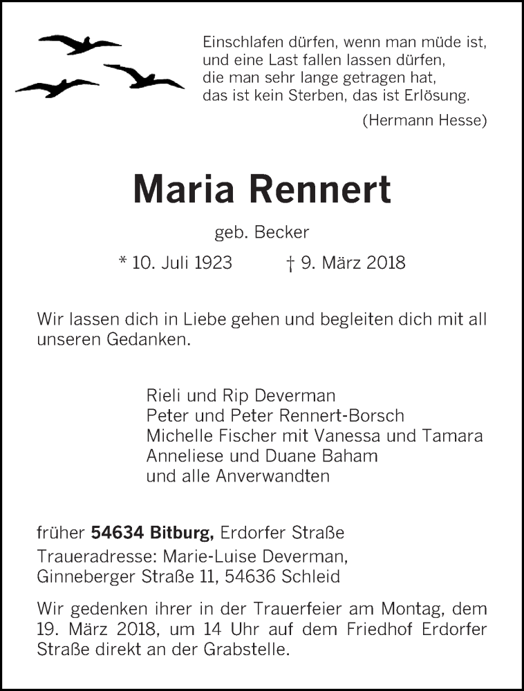  Traueranzeige für Maria Rennert vom 12.03.2018 aus trierischer_volksfreund