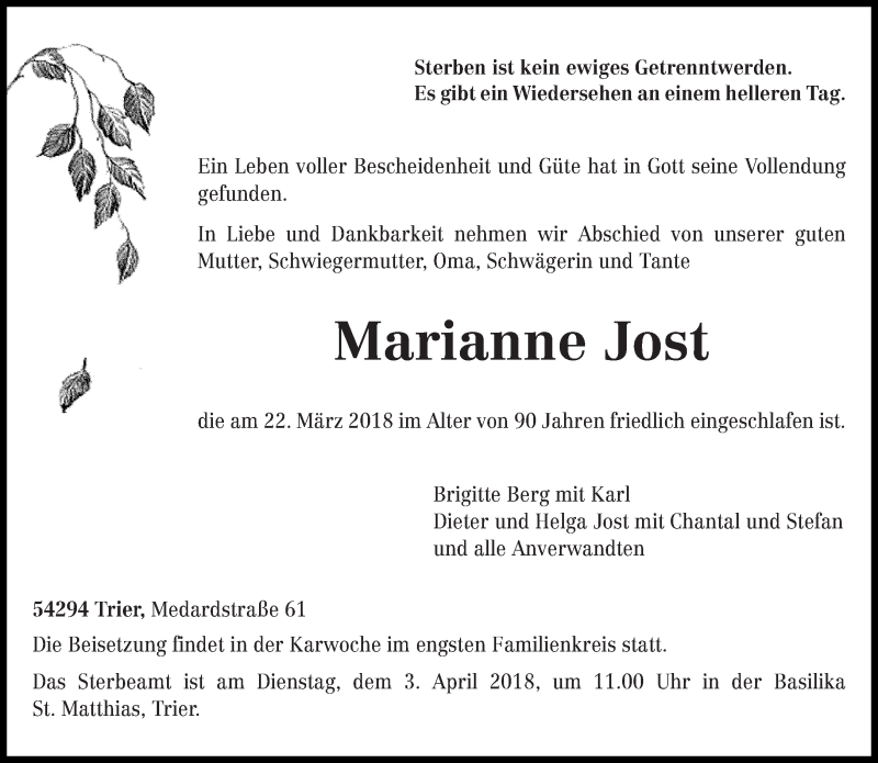  Traueranzeige für Marianne Jost vom 24.03.2018 aus trierischer_volksfreund