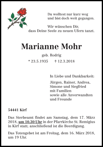 Traueranzeige von Marianne Mohr von trierischer_volksfreund