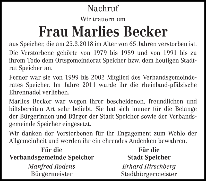  Traueranzeige für Marlies Becker vom 28.03.2018 aus trierischer_volksfreund