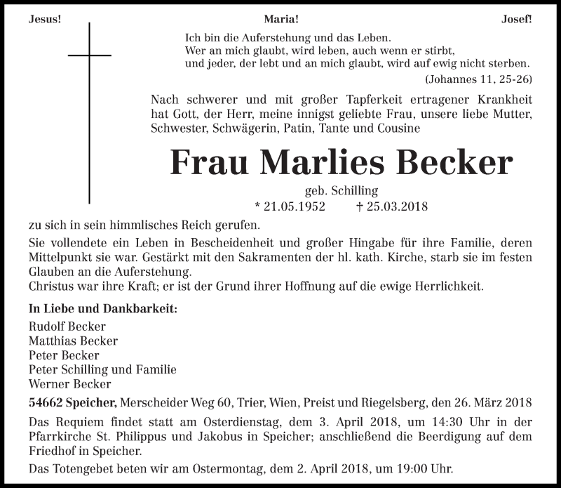  Traueranzeige für Marlies Becker vom 28.03.2018 aus trierischer_volksfreund