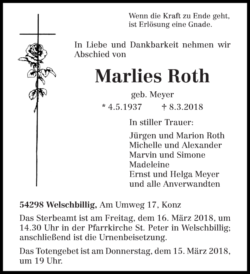  Traueranzeige für Marlies Roth vom 14.03.2018 aus trierischer_volksfreund